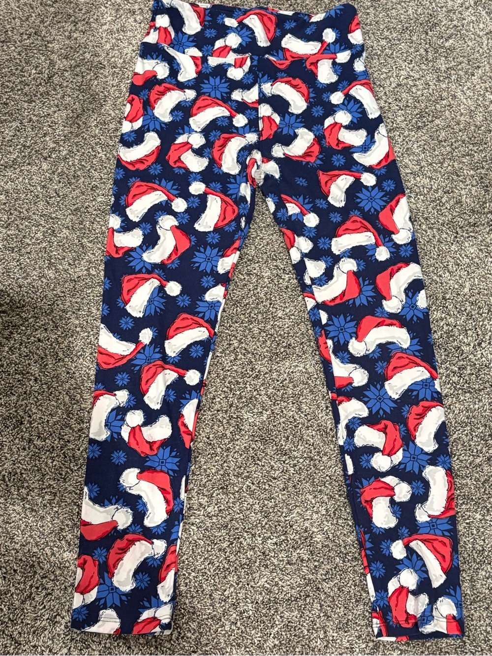 LuLaRoe Navy Leggings with Red and White Santa Hat Print